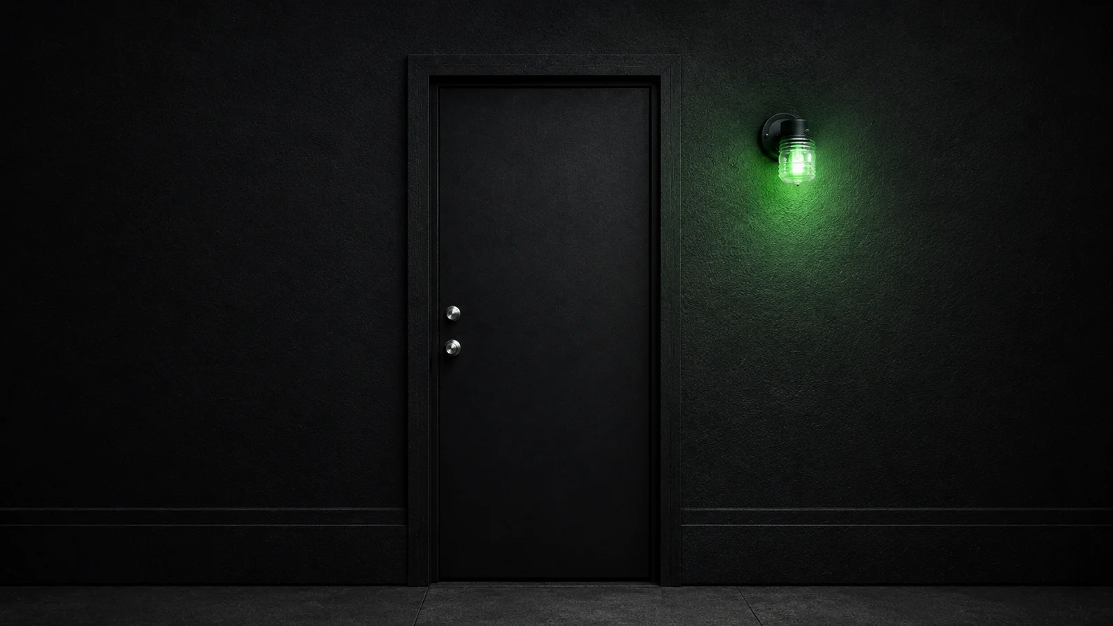 The black Stash House entrance door illuminated by a green exterior light