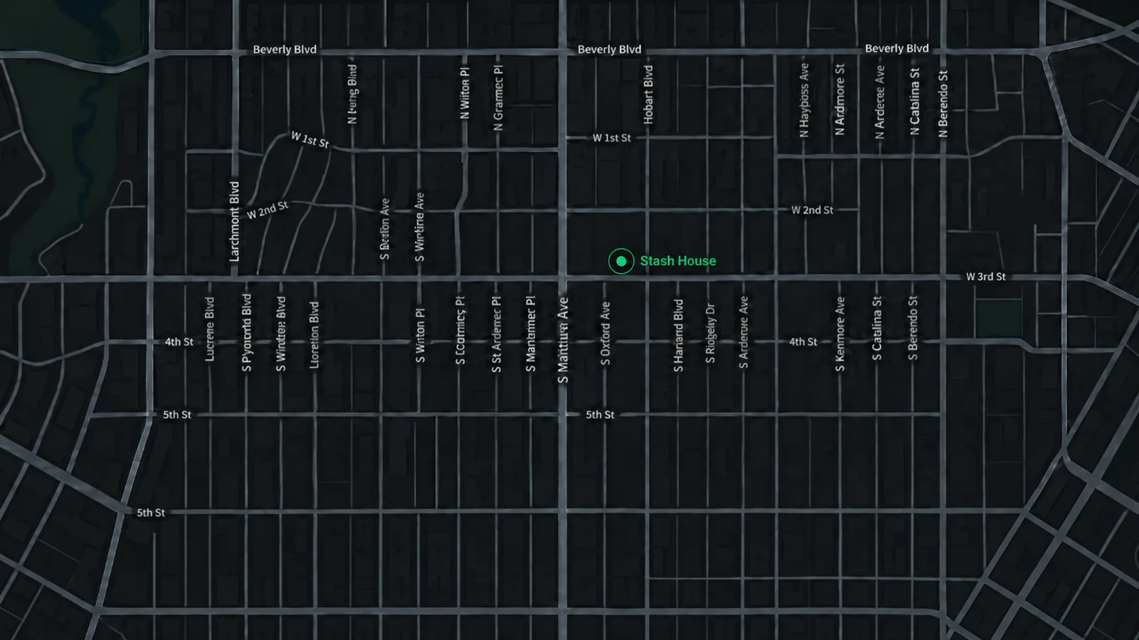 Stylized dark map of Koreatown showing Stash House on the north side of West 3rd Street